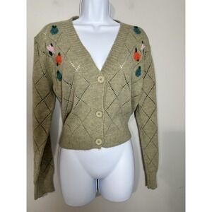 SummerlanD Floral Embroidered Pointelle Argyle Cardigan Sage Green Medium